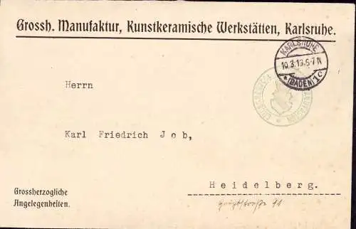 602935 | Dienstbrief, Großherzogliche Angelegenheit, der Kunstkeramischen Werkstätten  | Karlsruhe (W - 7500), -,