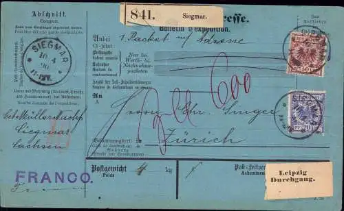 602939 | 1890, Komplette Paketkarte via Leipzig nach Zürich | Siegmar; Chemnitz (O 9010)