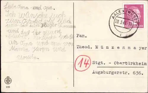602945 | Frohe Ostern und das kein Flieger kommt, Karte vom 28.3. 1945 an die Oma  | Aalen (W - 7080), -,