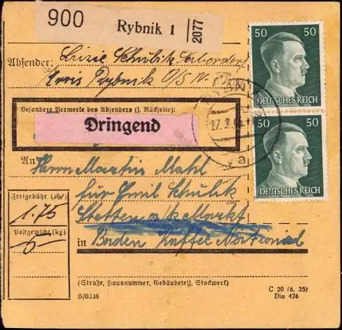 602955 | Oberschlesien, Paketkarte | Rybnik, Stetten (W 7758)