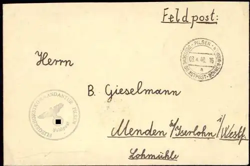602968 | Feldpostbrief von der Fliegerhorstkommandantur Pilsen  | -, -,
