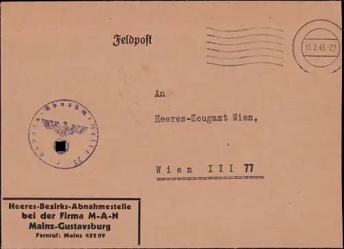 602970 | Brief von der Heeres Bezirks Abnahmestelle bei der Firma MAN in Gustavsburg  | Mainz (W - 6500), -,