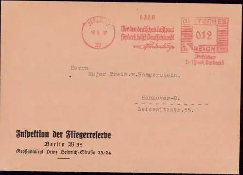 602971 | seltener Freistempel des Deutschen Luftsport Verband, Inspektion der Fliegerreserve, Hindenburg  | Berlin (W
