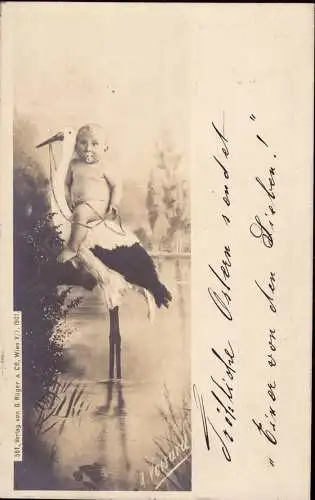 602985 | Fotomontage Storch, Kind, sign A. Voisard  |