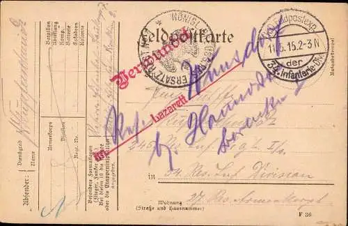 602999 | Feldpostkarte aus dem Argonnenwald und Retour Verwundet im Reserve Lazarett  | Wunstorf (W - 3050), -,