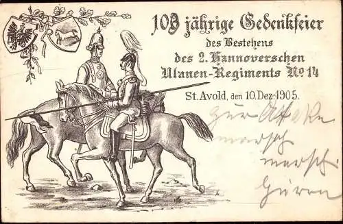 603002 | Ansichtskarte zur 100 Jahr Gedenkfeier des Bestehens des 2. hannoverschen Ulanen Regiment  | Saint Avold;Mosell