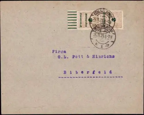 603028 | Inflation, Brief, mit Paar der 2 Milliarden vom Unterrand. Ersttag der Portoperiode, 26.11.1923 | Düsseldorf (W