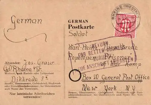 603044 | 15 Pfg AM Post Einzelfrankatur Mi. 150,-  als Kriegsgefangenenpost POW nach USA, geprüft Hettler | Rheine (W 44
