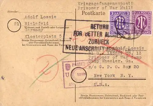 603045 | AM Post Mischfrankatur als Kriegsgefangenenpost POW nach USA, Zensur, geprüft mit Befund Hettler | Bielefeld (W