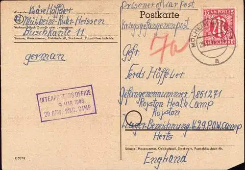 603052 |  15 Pfg AM Post EF Mi. 150,- als Kriegsgefangenenpost POW to Royston Heath Camp, Royston, Hertfordshire, Zensur