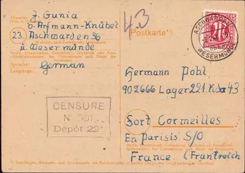 603053 |  15 Pfg AM Post EF Mi. 150 als Kriegsgefangenenpost POW to | Schwanewede. Cormeilles en Parisis;Val d Oise,