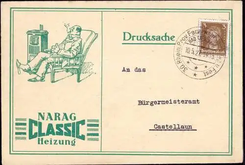 603105 | Werbung NARAG mit Sonderstempel 30. Feuerwehr Verbandsfest Ofen Heizung | Bad Kreuznach Schönebeck