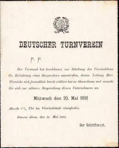 603117 | Deutsche Auswanderer, Einladung zur Gründung eines Sängerchors, Deutscher Turnverein Buenos Aires  |