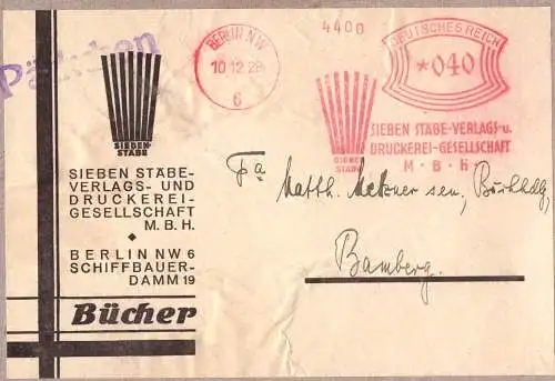 603119 | Päckchenausschnitt mit Freistempel des Sieben Stäbe Verlag, Schiffbauer Damm  | Berlin (W - 1000), -,