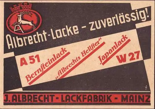 603127 | Dekorative Werbung der Lackfabrik J. Albrecht, Chemie, Bernstein, Farbe  | Mainz (W - 6500), -,