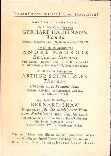 603131 | Ankündigung des S Fischer Verlag, Gerhard Hauptmann, Schnitzler, Bernhard Shaw Maurois | Leipzig (O 7010)