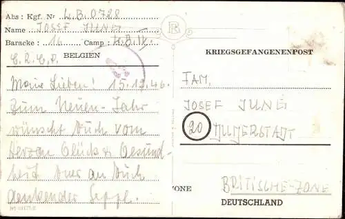 603138 | Kriegsgefangenenpost POW aus Belgien mit im Lager gedruckter Neujahrskarte  | -, -,