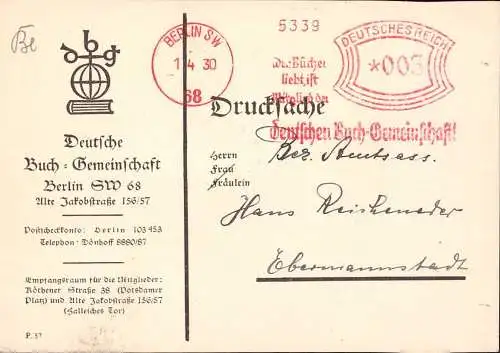 603140 | Postkarte mit Freistempel der deutschen Buch Gemeinschaft | Berlin (W 1000)