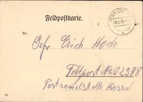 603145 | Meldekarte Feldpostnummer 05313 Behelfsmäßige Fahrkolonne(bespannt) 726,Postsammelstelle Kassel | Zwätzen; Jena