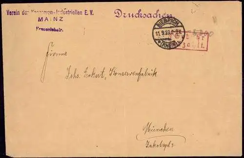 603150 | Inflation, Drucksache des Verein der Konserven Industriellen mit Gebühr Bezahlt  | Biebrich  ; Wiesbaden (W - 6
