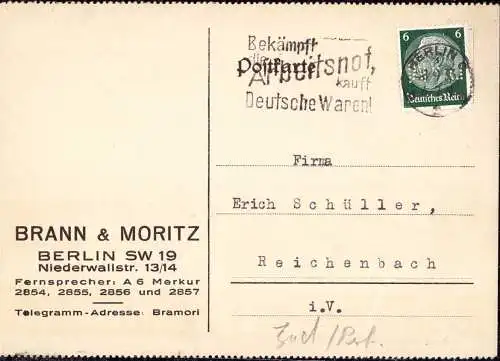 603157 | Karte mit Firmenlochung Perfin der Firma Brann & Moritz, Niederwallstrasse, Judaica | Berlin (W 1000)