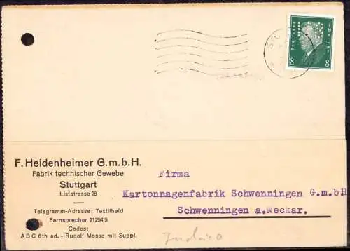 603159 | Firmenlochung Perfin der Firma F. Heidenheimer Fabrik Teschnischer Gewebe, Judaica, Liststrasse | Stuttgart (W