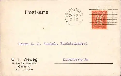 603160 | Inflation, Karte mit Firmenlochung Perfin der Firma C. F. Vieweg, Papier | Chemnitz (O 9010)