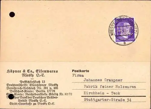 603163 | Karte mit Firmenlochung Perfin der Firma Höpner & Co, Eisenwaren Oberlausitz | Niesky (O 8920)