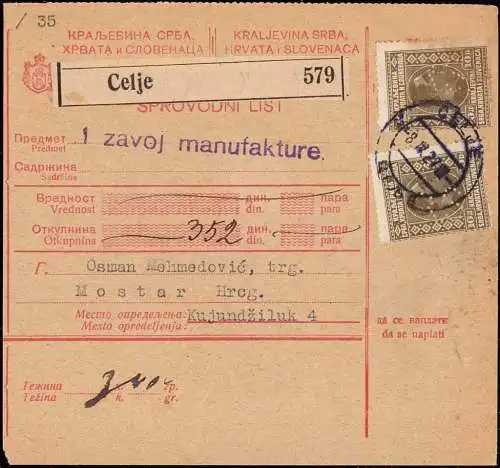 603179 | Firmenlochung Perfin aus Celje, Slowenien auf Paketkarte  | -, -,