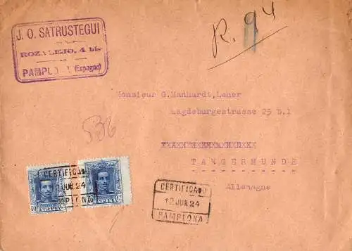 603214 | Brief per Einschreiben aus Pamplona, Rechte Marke mit doppelter Zähnung, doble perforacion  | -, -,