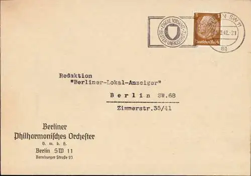 603223 | Brief des Philharmonischen Orchester, Bernburger Strasse  | Berlin (W - 1000), -,