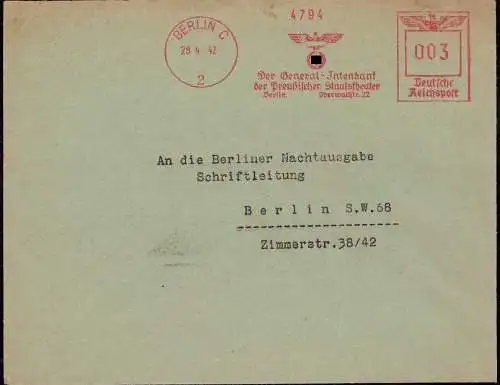 603234 | Brief mit Freistempel des General Intendanten des Preussischen Staatstheater, Oberwallstr.  | Berlin (W - 1000)