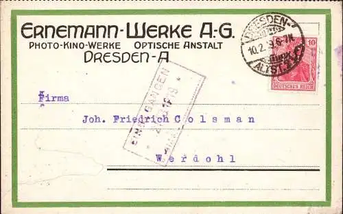 603265 | Firmenlochung Perfin auf Karte der Ernemann Werke, Fotografie, Optik | Dresden (O 8010)