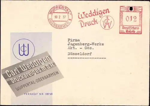 603300 | Dekorativer Brief der Druckerei Carl Weddingen, Werbung | Oberbarmen; Wuppertal (W 5600)