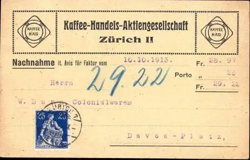 603312 | Postkarte der Handelsvertretung Kaffee Hag, Design | Bremen (W 2800), Zürich (CH 8000 Schweiz)