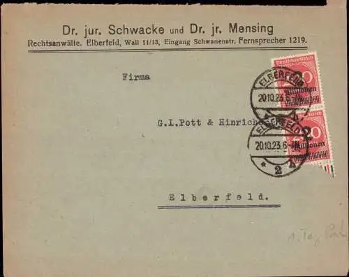 603315 | Inflation, 4 Millionen auf  Ortsbrief vom 1. Tag der Portoperiode, 20.10.23 | Elberfeld; Wuppertal (W 5600)