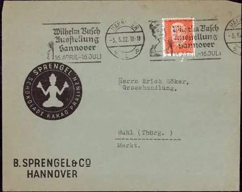 603318 | Brief mit Firmenlochung Perfin und Firmenlogo der Schokoladenwerke B. Sprengel & Co. | Hannover (W 3000)
