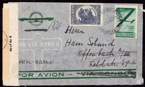603321 | Brief aus Argentinien 1943, via Natal und Bolama nach Deutschland, Doppelzensur, seltener Leitvermerk  | -, -,