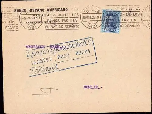 603327 | Brief mit Firmenlochung Perfin der Banco Hispano Americano, Sevilla Spanien  | -, -,