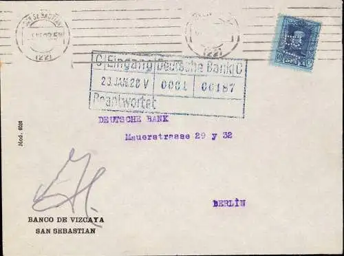 603330 | Brief mit Firmenlochung Perfin der Banco de Vizcaya, San Sebastian Spanien  | -, -,