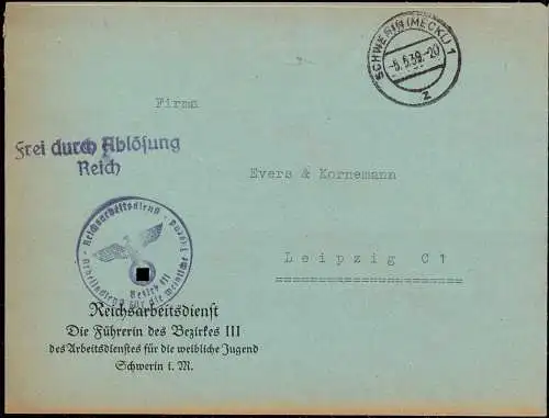 603339 | Dienstbrief Frei durch Ablösung Reichsarbeitsdienst  | Schwerin (O - 2750), -,