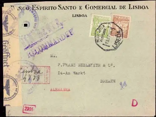 603348 | Brief mit Firmenlochung Perfin der Banco Esperito Santo e Comercial de Lisboa, Zensur  | -, -,