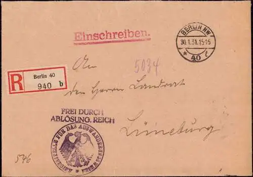 603351 | Dienstbrief, Frei durch Ablösung per Einschreiben Reichsstelle für das Auswanderungswesen  | Berlin (W - 1000),