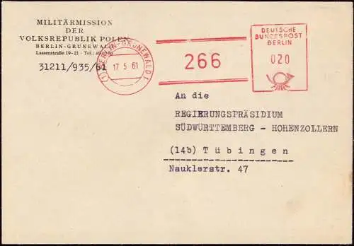 603353 | Postfach 266, Dienstbrief 1961, der Militärmission der Volksrepublik Polen  | Grunewald ;Charlottenburg; Berlin