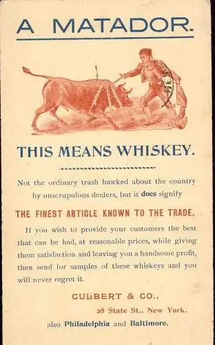 603356 | US Ganzsache mit dekorativen Zudruck, A Matador, Whisky Whiskey, Stierkampf, New York, Culbert & Co  |