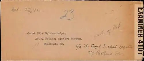 603358 | Langer Dienstbrief, London 1942, Portofrei, Natur Historische Abteilung des brit Museums nach Schweden Zensur