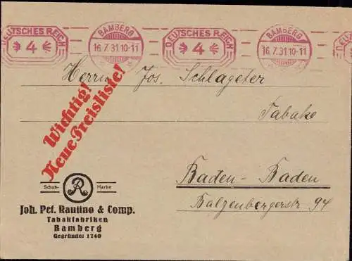 603365 | Brief mit Firmenlogo der Tabakfabriken Raulino, Freistempel  | Bamberg (W - 8600), -,