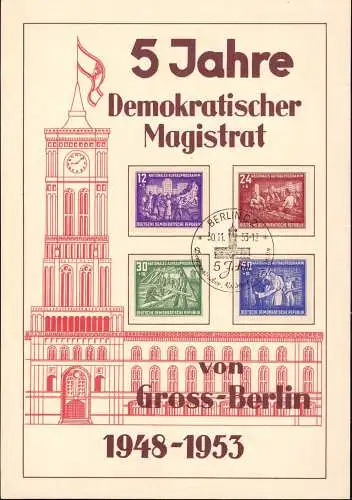 603370 | seltene Souvenirkarte mit Sonderstempel 5 Jahre demokratischer Magistrat von Gross Berlin  | Berlin (W - 1000),