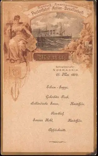 603373 | Menuekarte 1893, der Hamburg Amerikanische Paketfahrt Gesellschaft (HAPAG) Dampfer Normannia  | Hamburg (W - 20