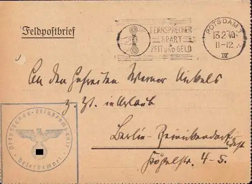 603381 | Feldpostbrief 1940, der Propaganda Ersatzkomapnie, Erh. 2, gelocht  | Potsdam (O - 1500), -,